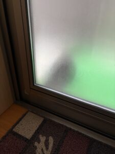 曇りガラス越しに見える黒い影と勝手口の風景