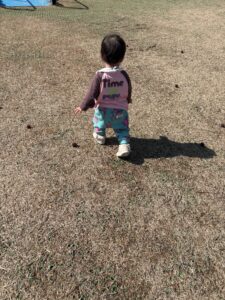 公園で遊ぶ下の子の後ろ姿と休日の芝生風景