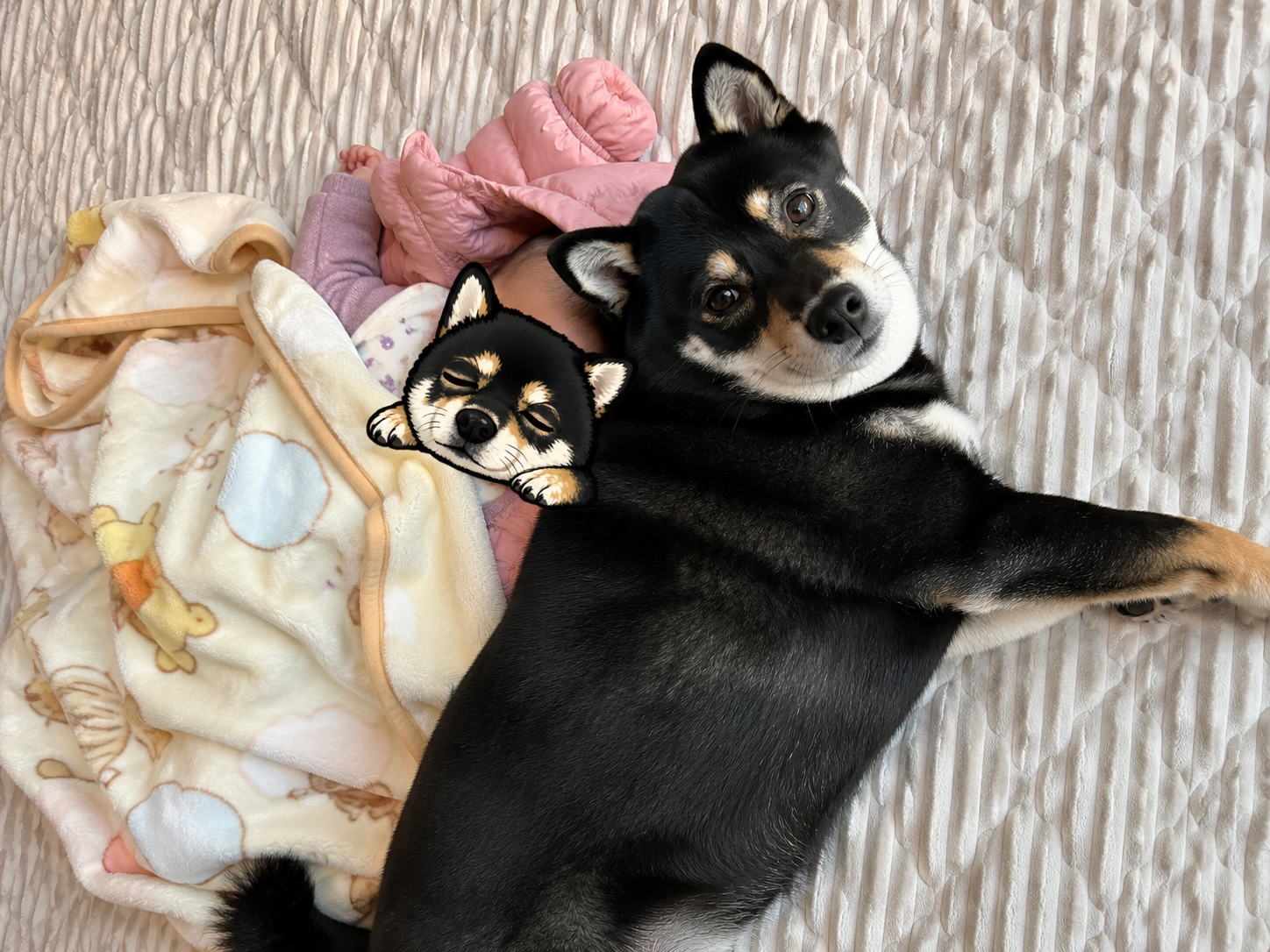 お腹を出して下の子に寄り添って眠る黒柴まめ