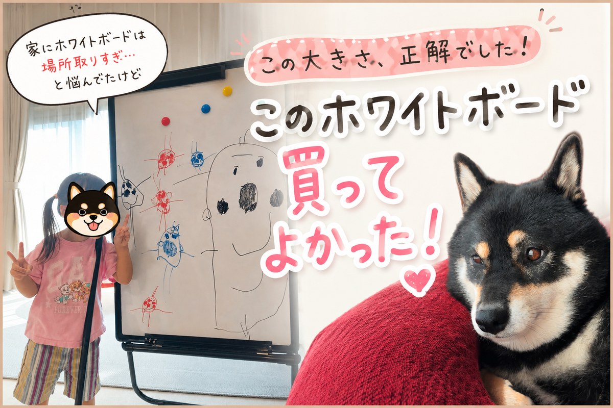 場所を取りすぎと悩んだけどU字脚スタンドタイプのホワイトボードを買って大正解だった。黒柴まめとお絵描きした子ども